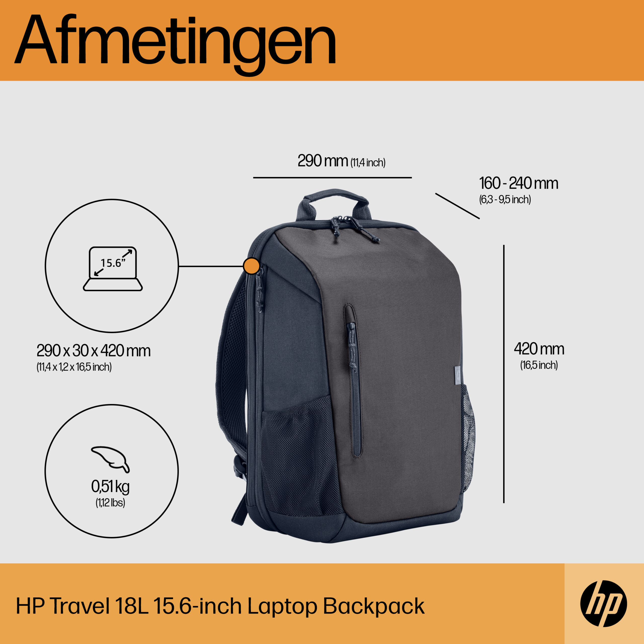 HP Travel 15,6 Laptop Backpack, 18 liter, Iron Grey - Afbeelding 5