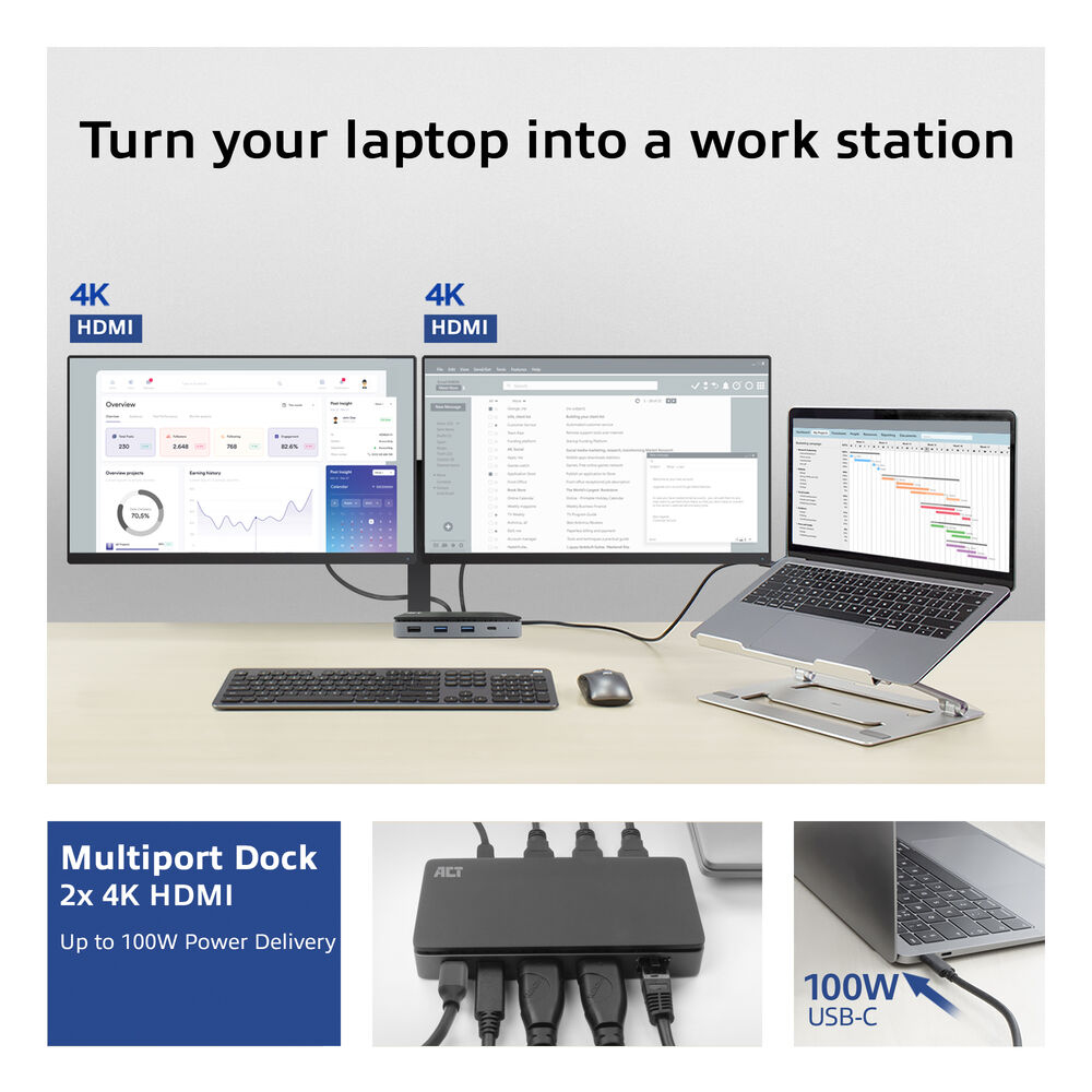 ACT USB-C 4K MST dockingstation voor 2 HDMI-monitoren, Ethernet, USB-C, 3x USB-A, PD passthrough en 1 meter lange afneembare USB-C-kabel - Afbeelding 10