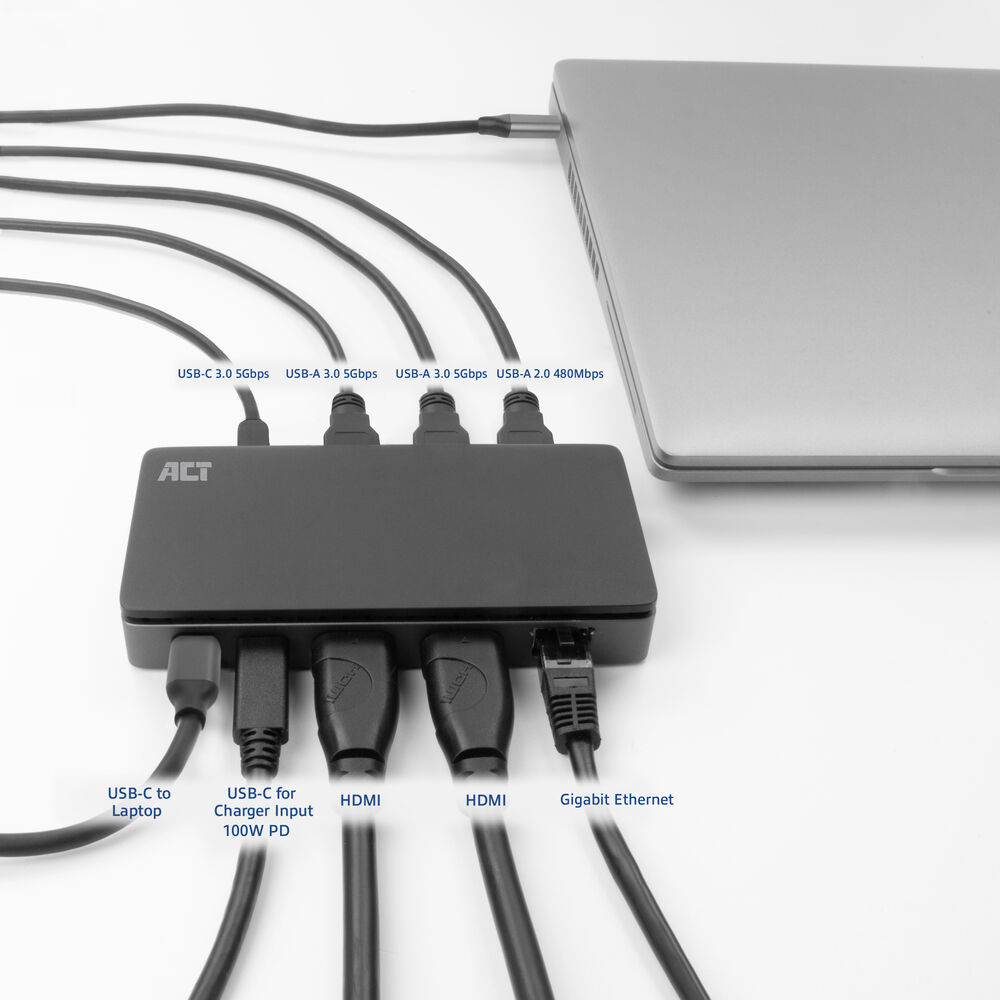 ACT USB-C 4K MST dockingstation voor 2 HDMI-monitoren, Ethernet, USB-C, 3x USB-A, PD passthrough en 1 meter lange afneembare USB-C-kabel - Afbeelding 8