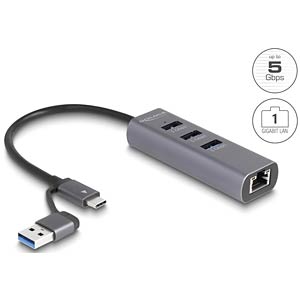 DELOCK 3 Port USB 5 Gbps Hub + Gigabit LAN met USB Type-C