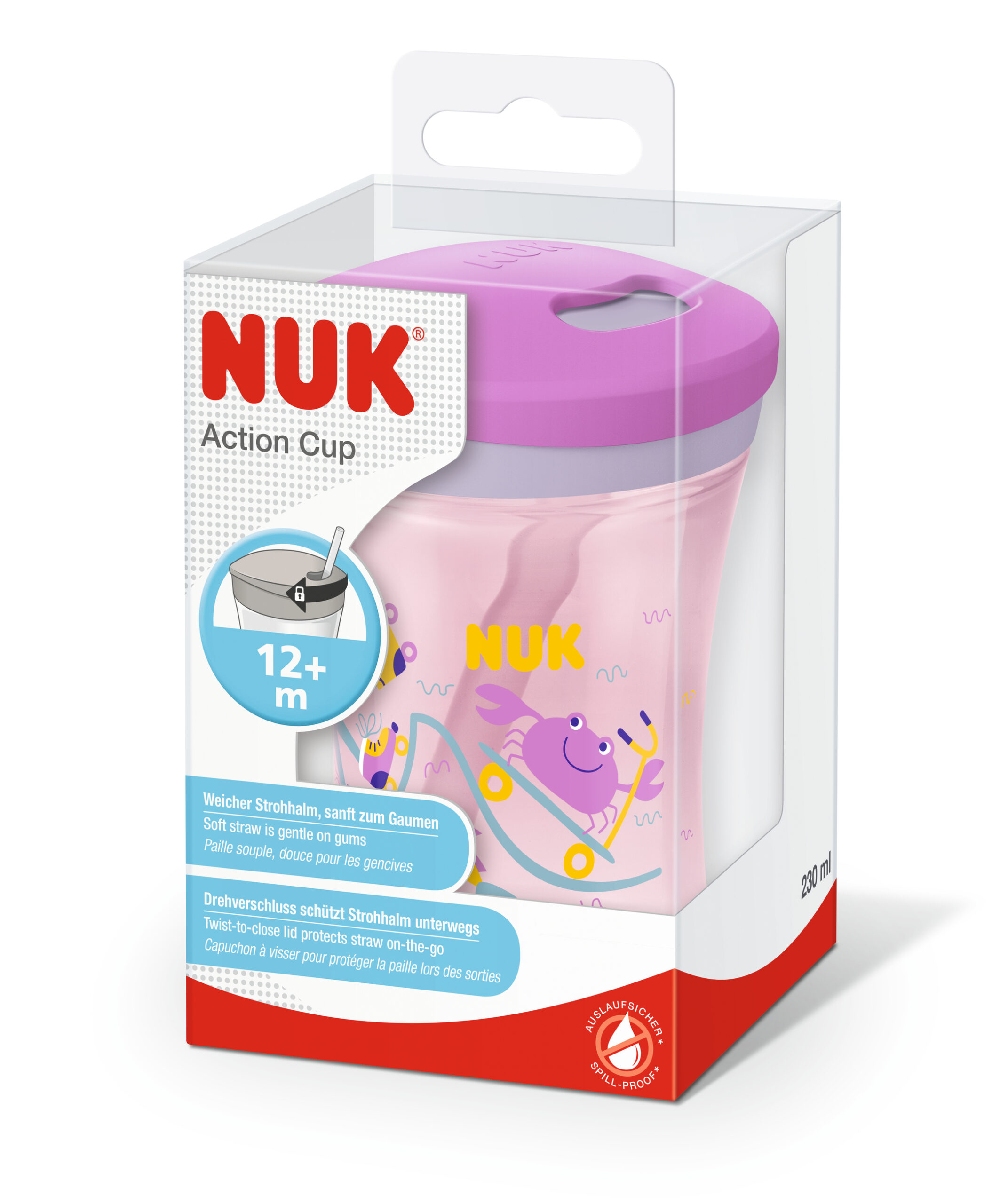 NUK Trinkbecher Action Cup 230ml roze met Trinkhalm ab 12M