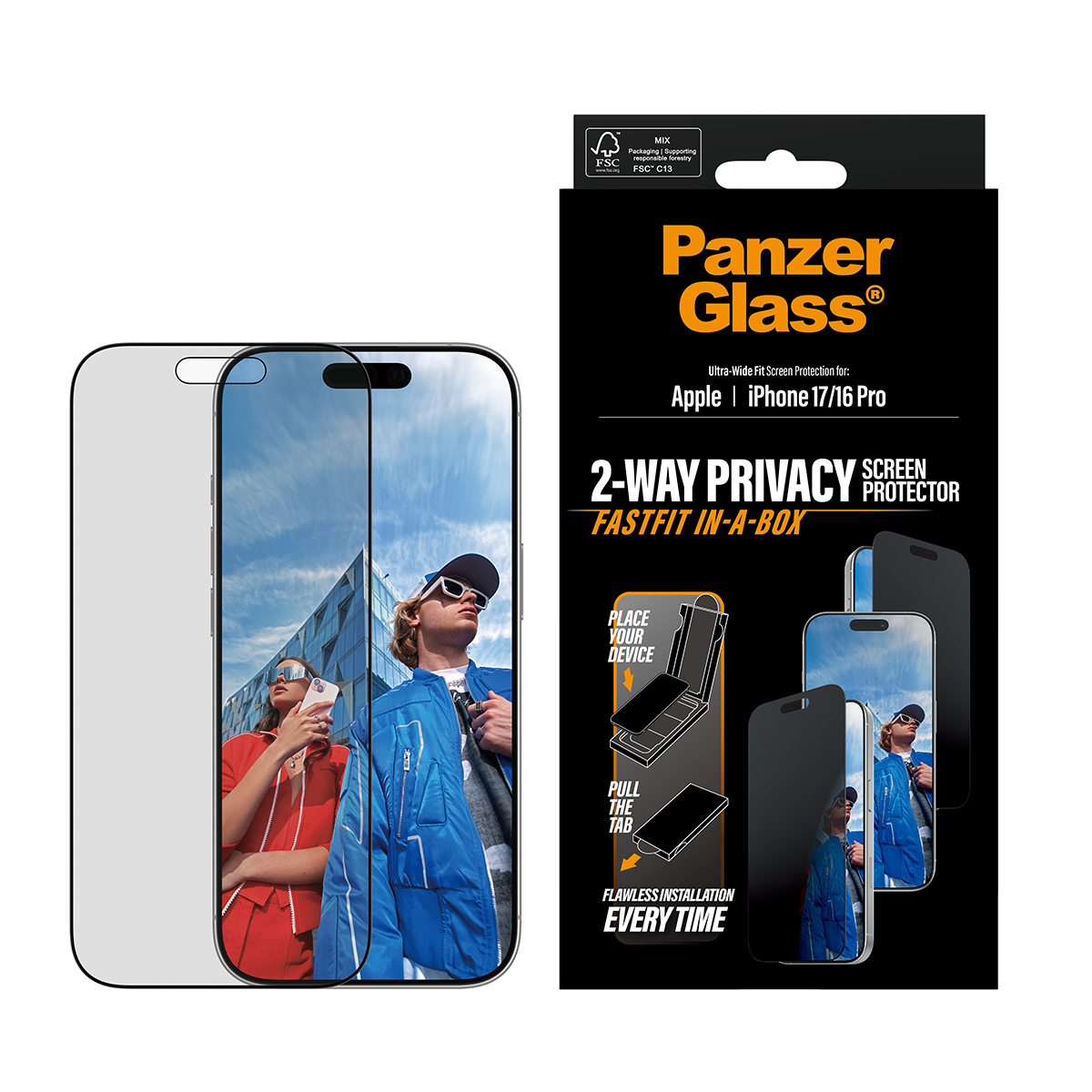 PanzerGlass ® 2-Way Privacy Screen Protector iPhone 17 | iPhone 16 Pro | Ultra-Wide Fit w. Fastfit in-a-box Doorzichtige schermbeschermer Apple 1 stuk(s) - Afbeelding 3