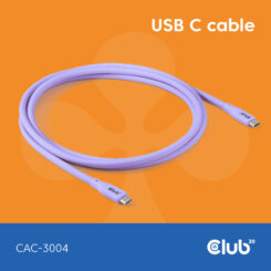 CLUB3D USB C oplaadkabel paars siliconen & tangle-free