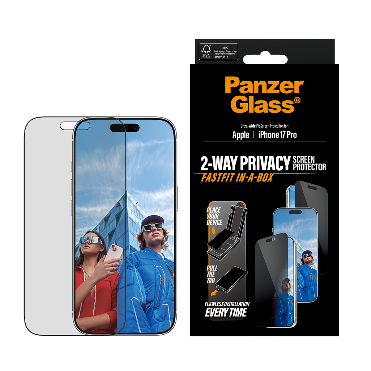 PanzerGlass ® 2-Way Privacy Screen Protector iPhone 17 Pro | Ultra-Wide Fit w. Fastfit in-a-box Doorzichtige schermbeschermer Apple 1 stuk(s) - Afbeelding 3