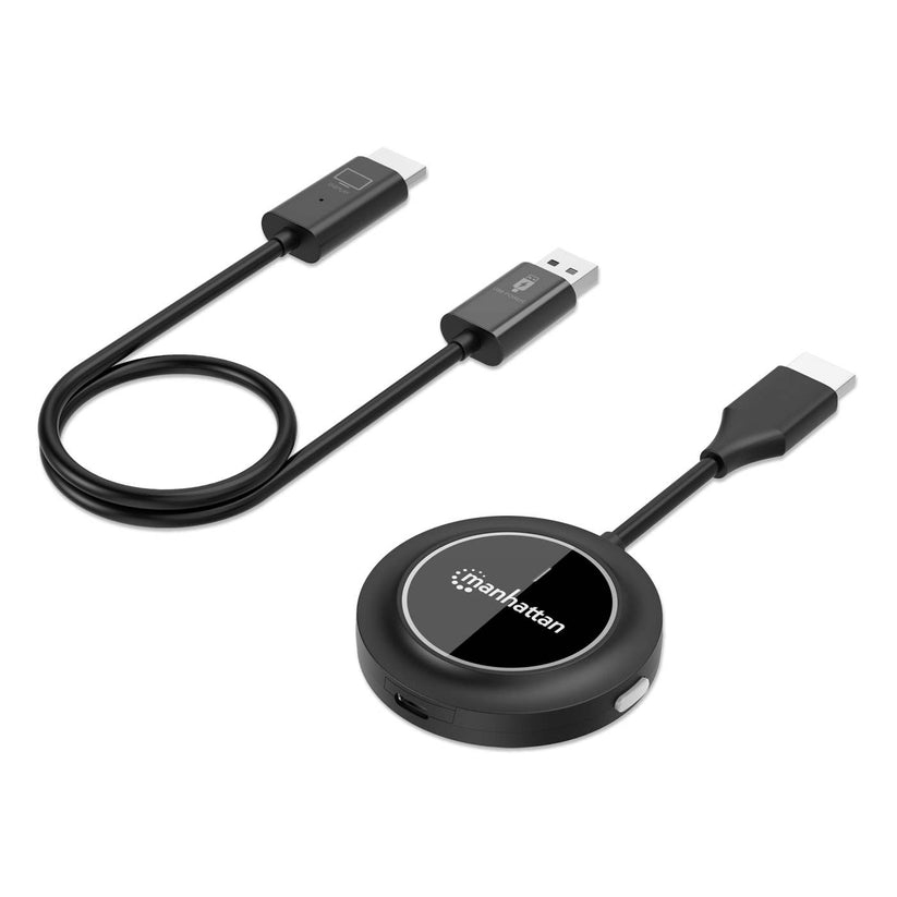 Manhattan Draadloze HDMI-presentatieset 1080p, 2-delige set met HDMI-ontvanger en HDMI-zender (dongle), voor draadloze videoweergave vanaf laptop, tablet of smartphone naar tv of HDMI-projector, zwart
