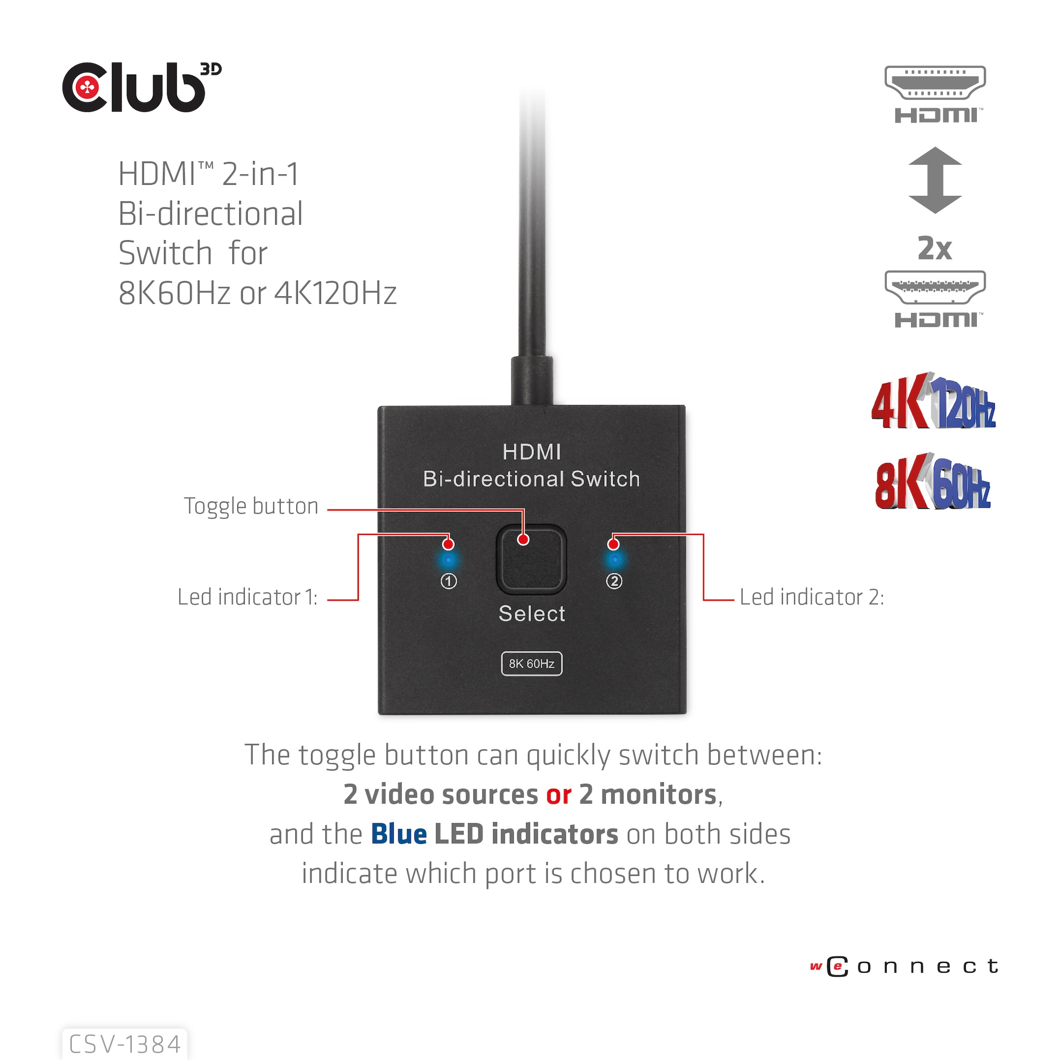 CLUB3D HDMI 2-in-1 Bi-directional Switch for 8K60Hz or 4K120Hz - Afbeelding 10