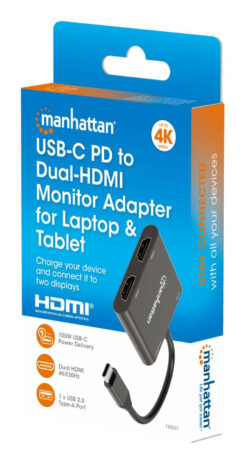 Manhattan USB-C naar dual HDMI & USB-A adapter, Dubbele 4K@30Hz of enkele 4K@60Hz, USB-A 480 Mbps (USB 2.0), Power Delivery 100W doorvoer, kabel 15 cm, zwart, 3 jaar garantie - Afbeelding 3