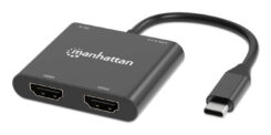 Manhattan USB-C naar dual HDMI & USB-A adapter, Dubbele 4K@30Hz of enkele 4K@60Hz, USB-A 480 Mbps (USB 2.0), Power Delivery 100W doorvoer, kabel 15 cm, zwart, 3 jaar garantie - Afbeelding 2