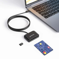 Manhattan USB-C smartcardlezer met contact, met microSD-slot, USB-C male connector, compatibel met Windows, macOS en Linux, leest SIM-kaarten met adapter, kabel van 1 m, zwart, 3 jaar garantie - Afbeelding 3