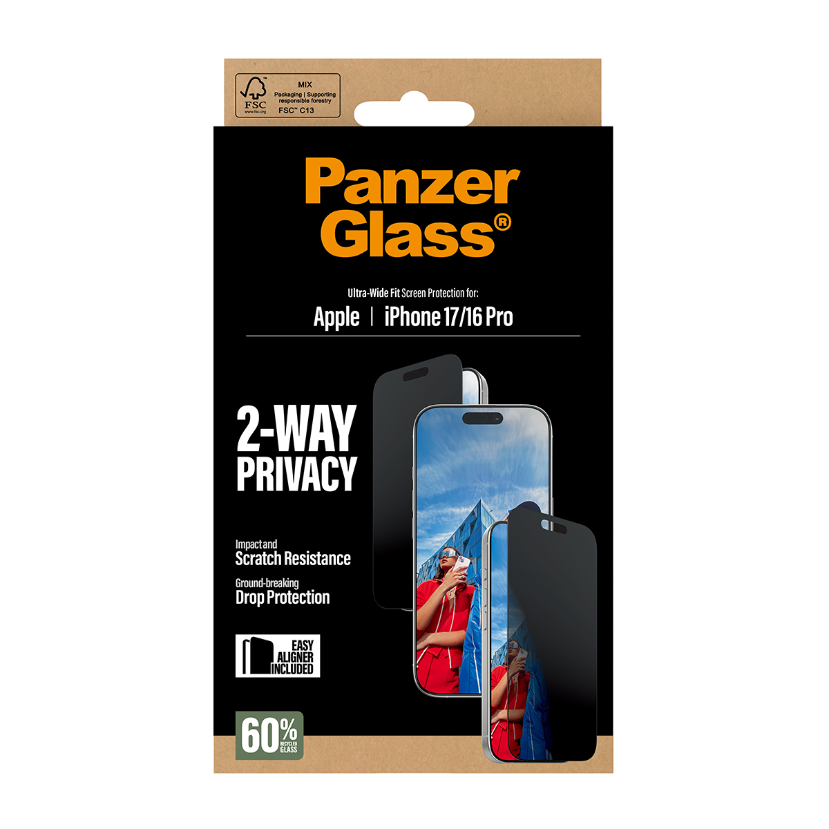 PanzerGlass ® 2-Way Privacy Screen Protector iPhone 17 | iPhone 16 Pro | Ultra-Wide Fit w. EasyAligner Doorzichtige schermbeschermer Apple 1 stuk(s) - Afbeelding 4