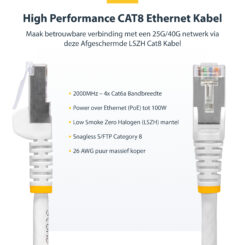 StarTech.com 15m CAT8 Netwerkkabel, Wit, Snagless RJ45, 25G/40G, 2000MHz, 100W PoE++, S/FTP, 26AWG 100% Pure Koperdraad, LSZH, Shielded Ethernet Kabel met Trekontlasting, Fluke Channel Getest - Afbeelding 6