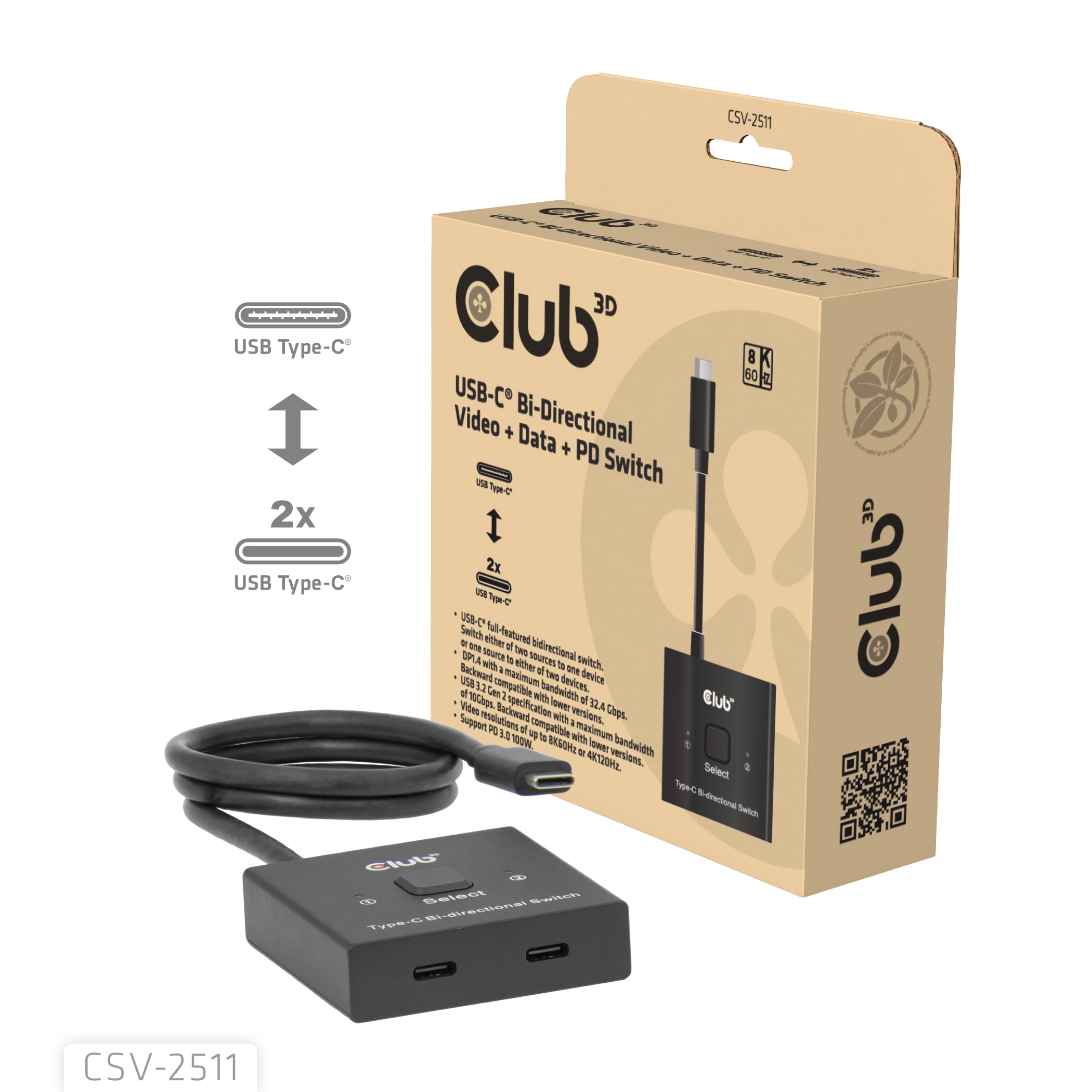 CLUB3D USB-C® Bi-Directional Video + Data + PD Switch - Afbeelding 4