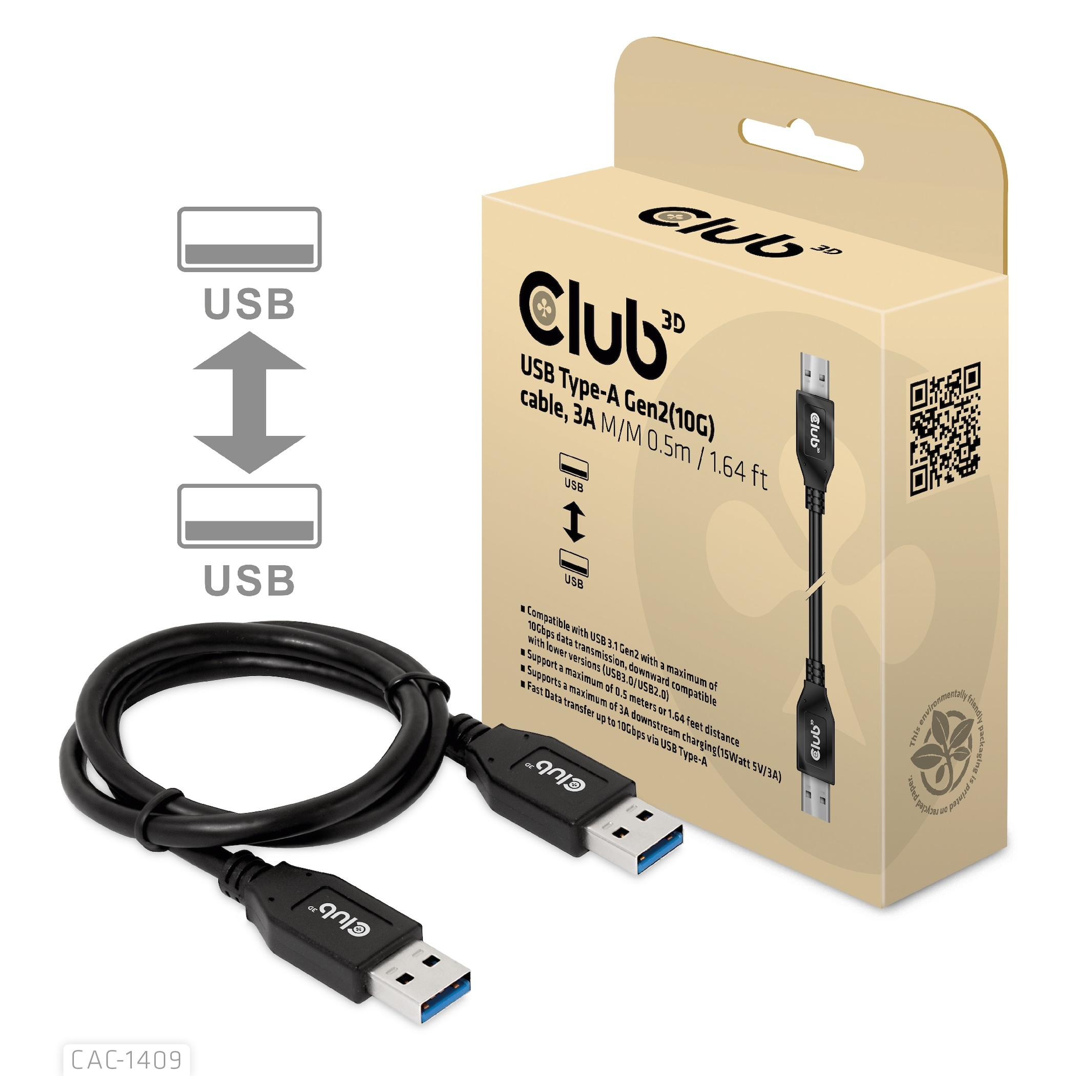 CLUB3D USB Type-A Gen2(10G) cable, 3A M/M 0.5m / 1.64 ft - Afbeelding 3