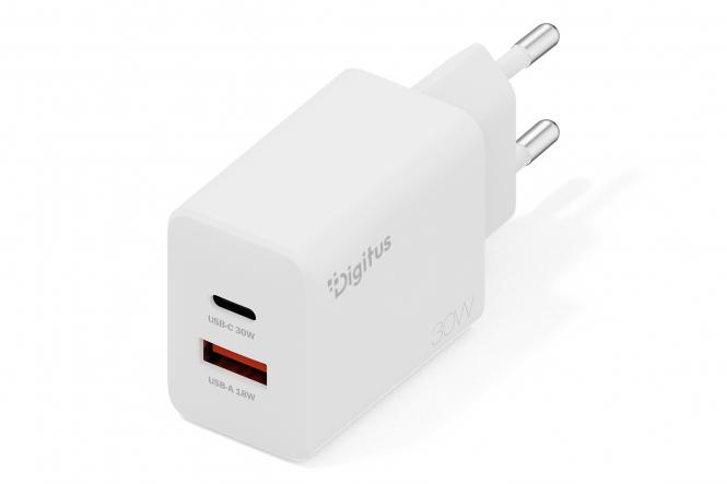 DIGITUS USB-Ladegerät GaN 30W, 1x USB-C, 1x USB-A weiß