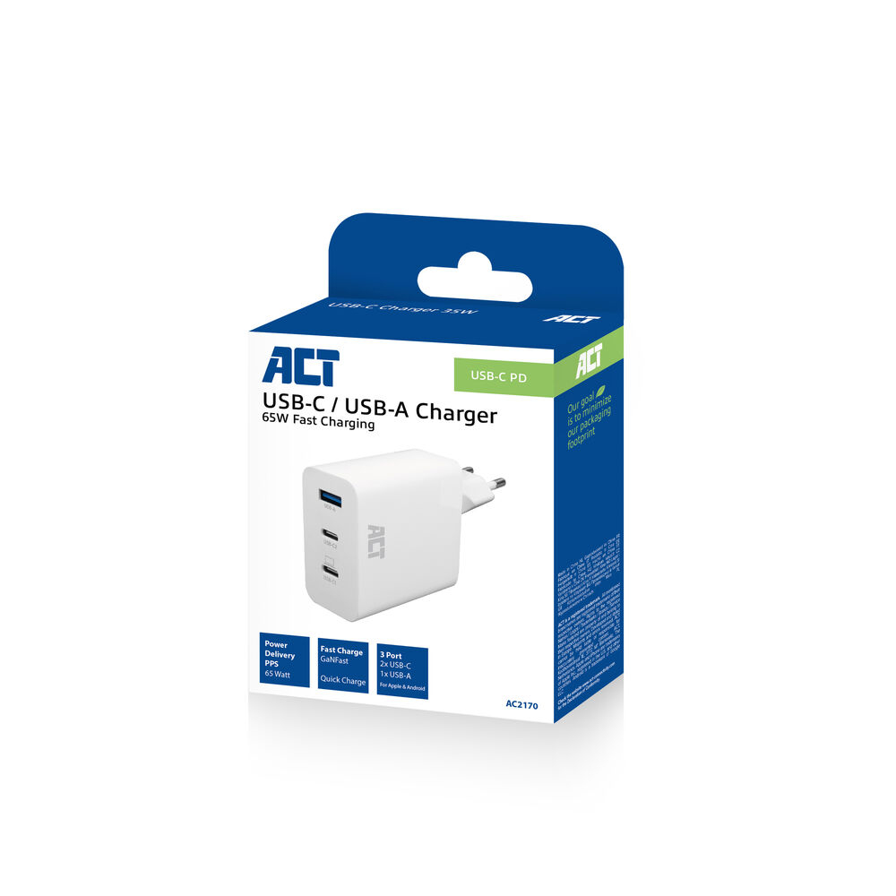 ACT USB-C/USB-A lader 65W 3-poorts met Power Delivery PPS, QuickCharge en GanFast - Afbeelding 3