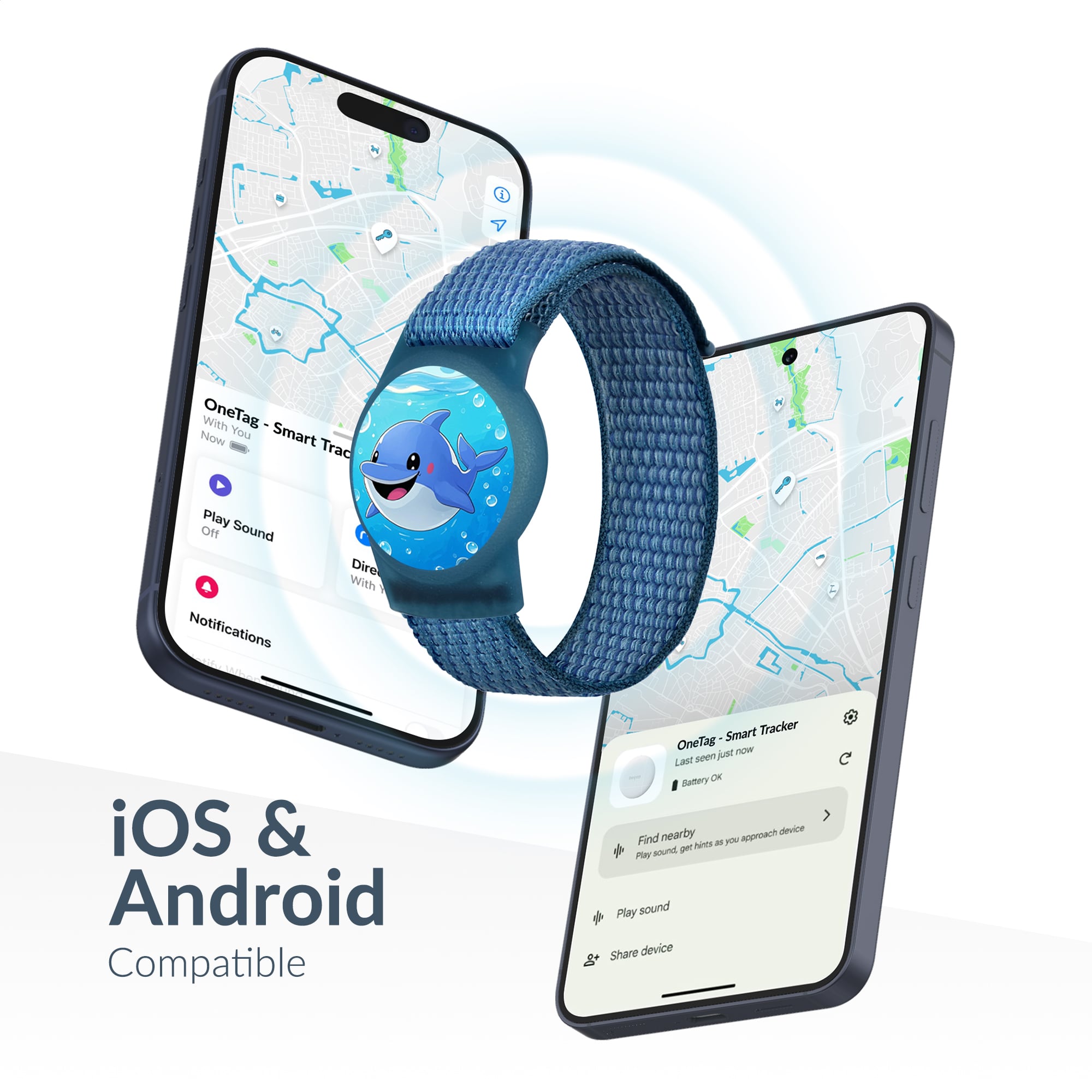 Beeep OneTag Apple Find My & Android Tracker - Kids Wristband Velcro Dolphin