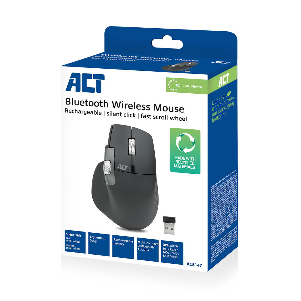 ACT Draadloze multi-connect muis Bluetooth en USB ontvanger, oplaadbaar, 4800 DPI met stille klik, snel scrolwiel en duimscrolwiel, gemaakt van gerecyclede materialen - Afbeelding 3