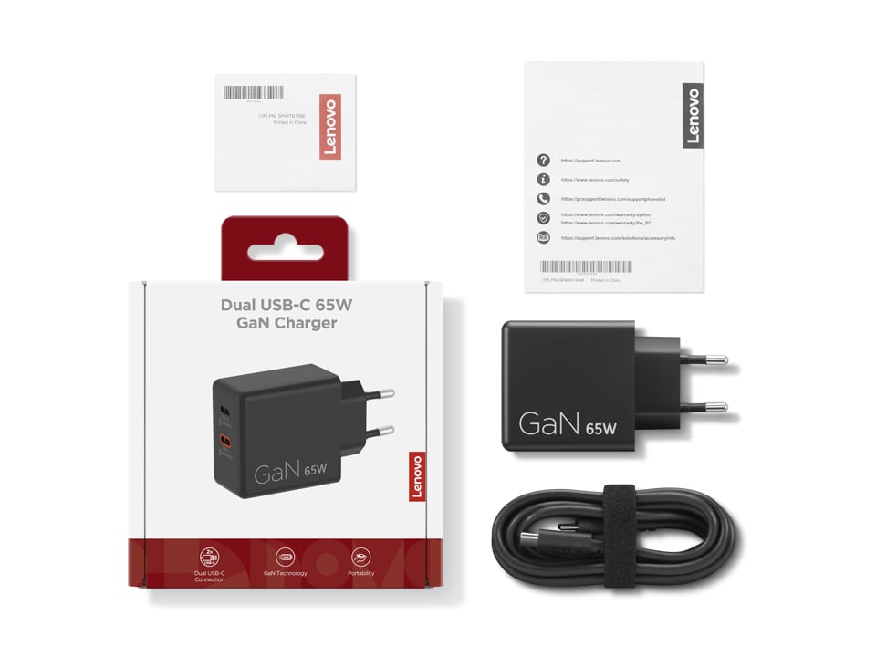 Lenovo Dual USB-C 65W GaN Charger Universeel Zwart AC Binnen - Afbeelding 9