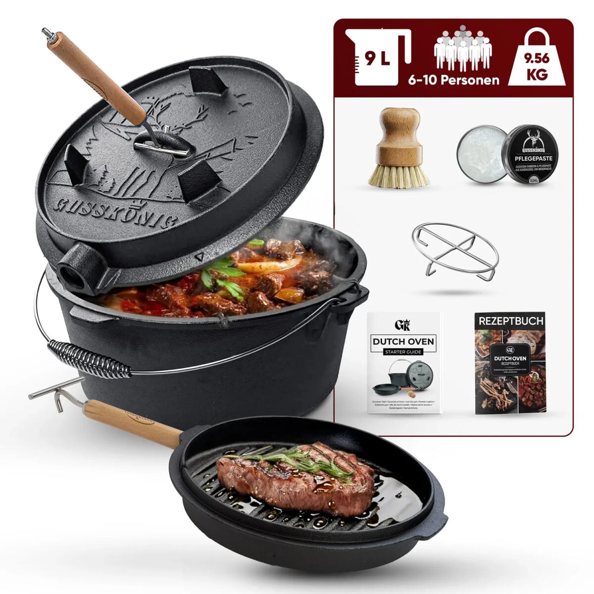 Gusskönig Eingebrannter Dutch Oven Set 9L ohne Füße