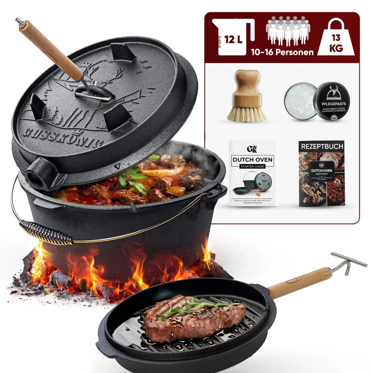 Gusskönig Eingebrannter Dutch Oven Set 12L mit Füße