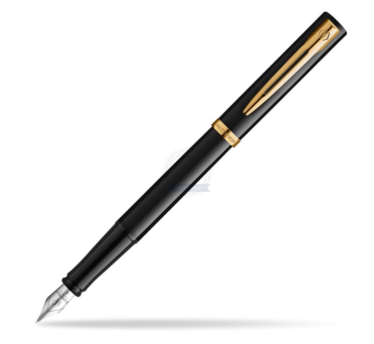 WATERMAN Füllfederhalter IMPRESSION schwarzer Lack GT F Blau Geschenkbox