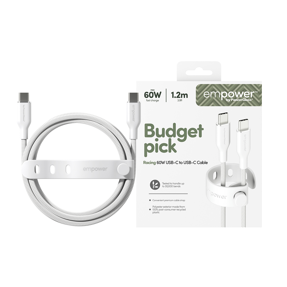PanzerGlass empower™ by ® Racing 60W USB-C to USB-C Cable | USB 2.0 | 1.2M | Silver White USB-kabel Wit - Afbeelding 3