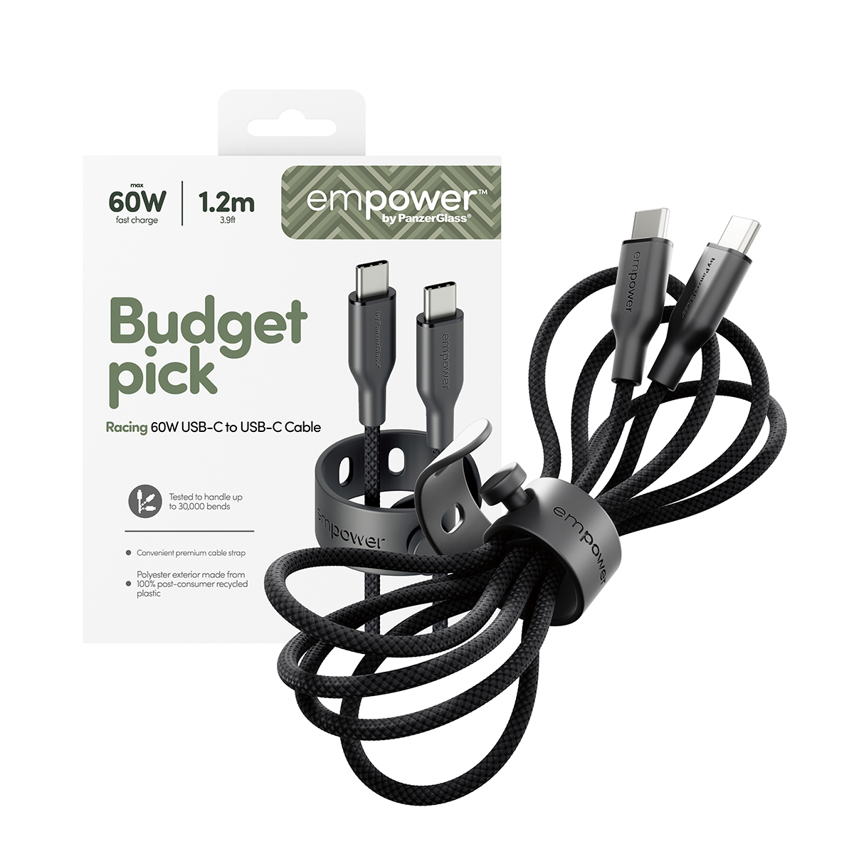 PanzerGlass empower™ by ® Racing 60W USB-C to USB-C Cable | USB 2.0 | 1.2M | Space Black USB-kabel Zwart - Afbeelding 6