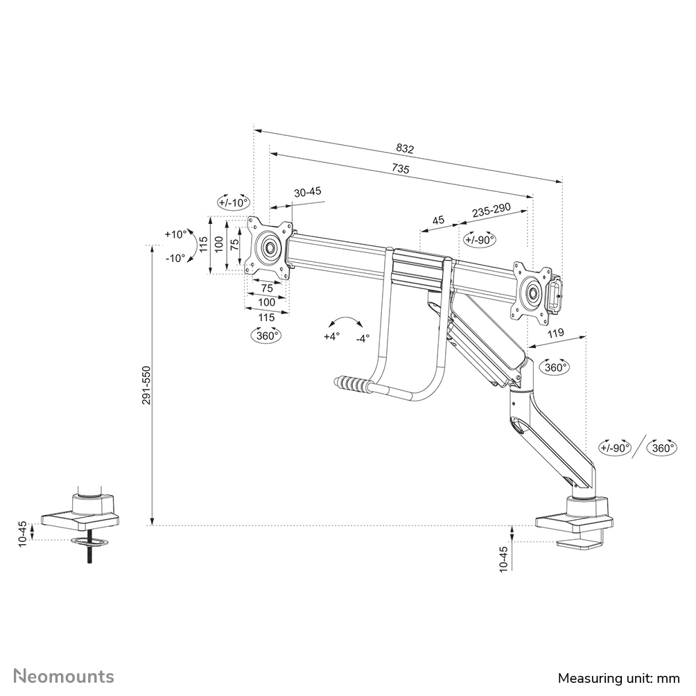 Neomounts DS75-450WH2 Monitorarm 17-32" - gasveer - Topfix - 180°-stop - Afbeelding 21