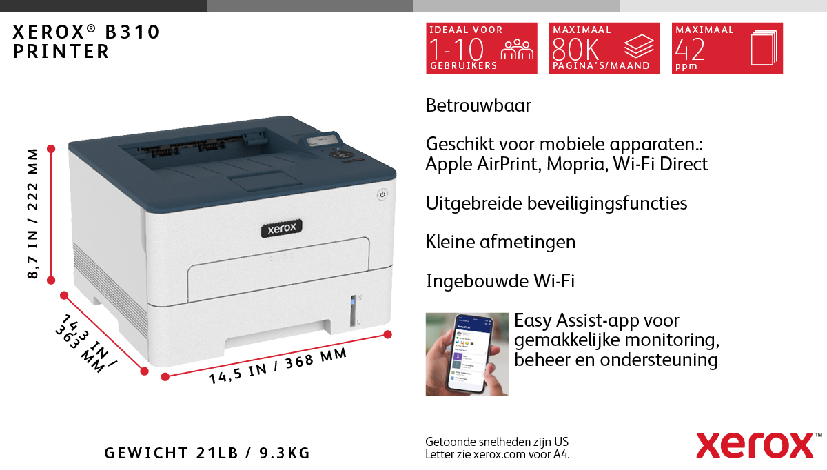Xerox B310 A4 40 ppm draadloze dubbelzijdige printer PS3 PCL5e/6 2 laden totaal 350 vel - Afbeelding 12