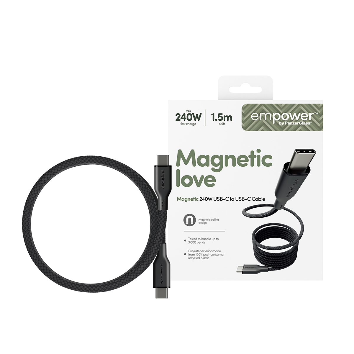 PanzerGlass empower™ by ® Magnetic 240W USB-C to USB-C Cable | USB 2.0 | 1.5M | Space Black USB-kabel 1,5 m Transparant - Afbeelding 3