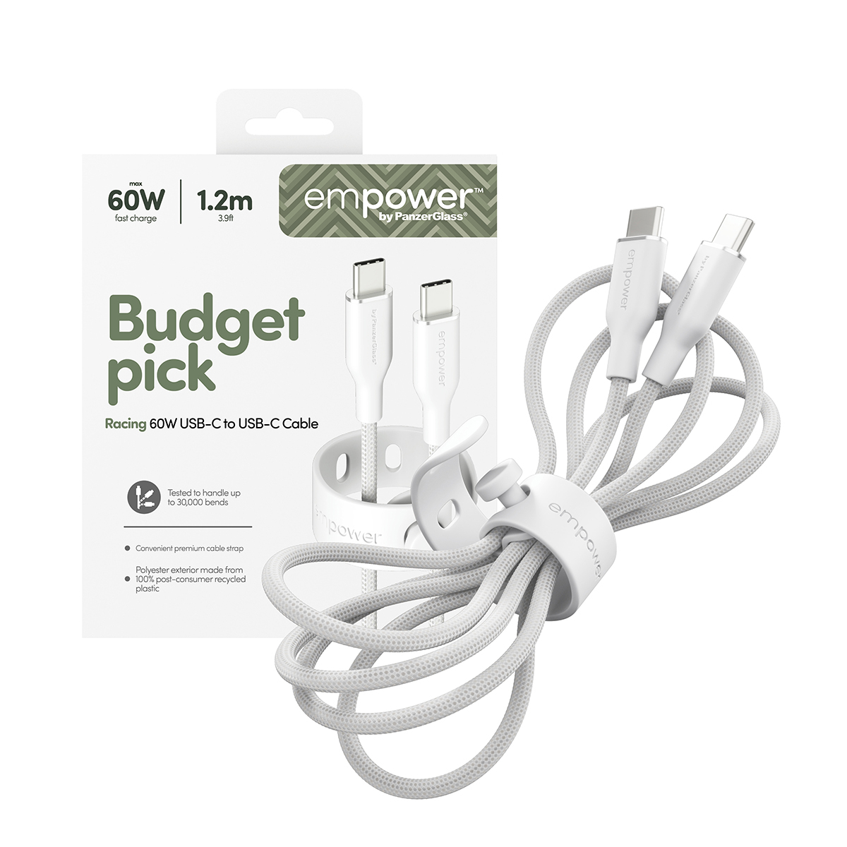 PanzerGlass empower™ by ® Racing 60W USB-C to USB-C Cable | USB 2.0 | 1.2M | Silver White USB-kabel Wit - Afbeelding 6