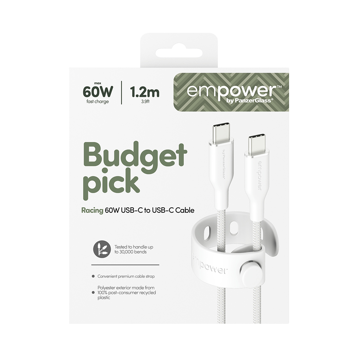 PanzerGlass empower™ by ® Racing 60W USB-C to USB-C Cable | USB 2.0 | 1.2M | Silver White USB-kabel Wit - Afbeelding 4