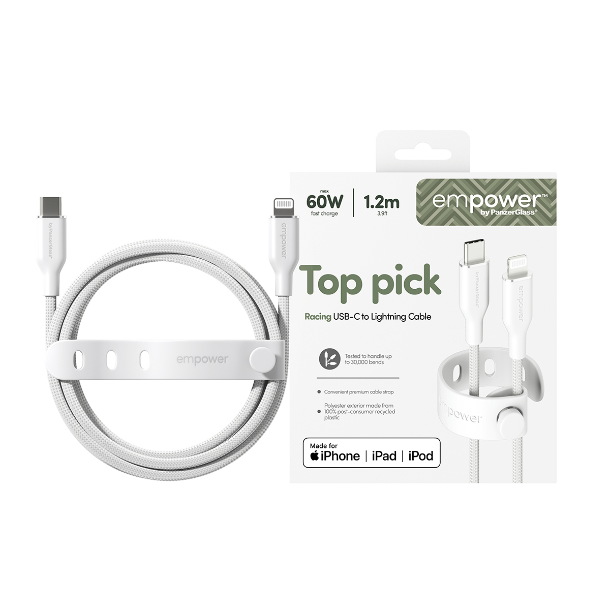 PanzerGlass empower™ by ® Racing 60W USB-C to Lightning Cable | USB 2.0 | 1.2M | Silver White USB-kabel Wit - Afbeelding 3