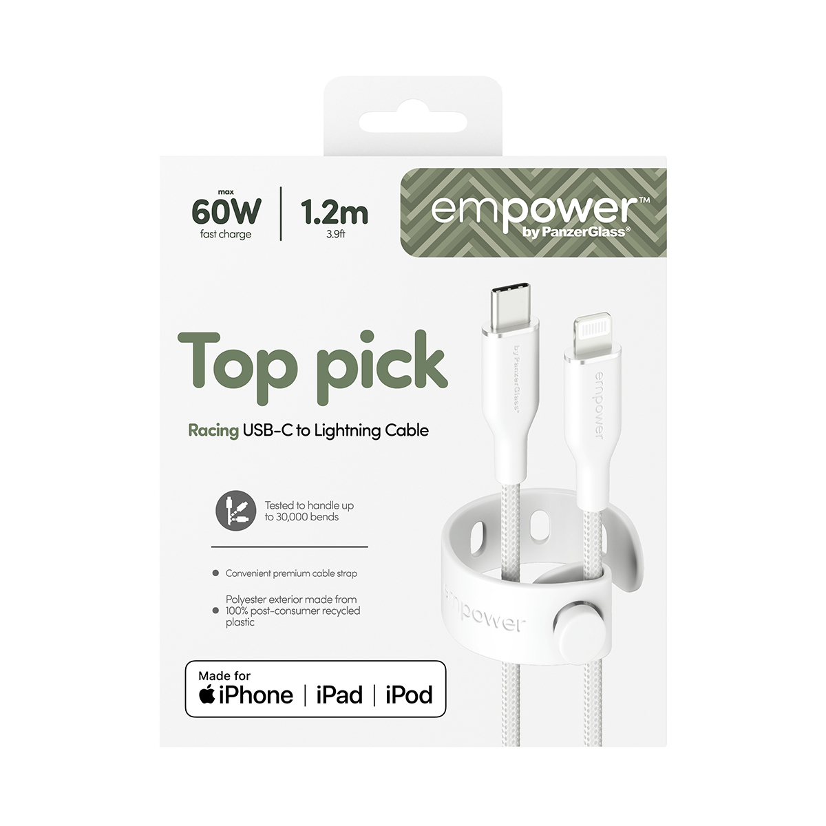 PanzerGlass empower™ by ® Racing 60W USB-C to Lightning Cable | USB 2.0 | 1.2M | Silver White USB-kabel Wit - Afbeelding 4