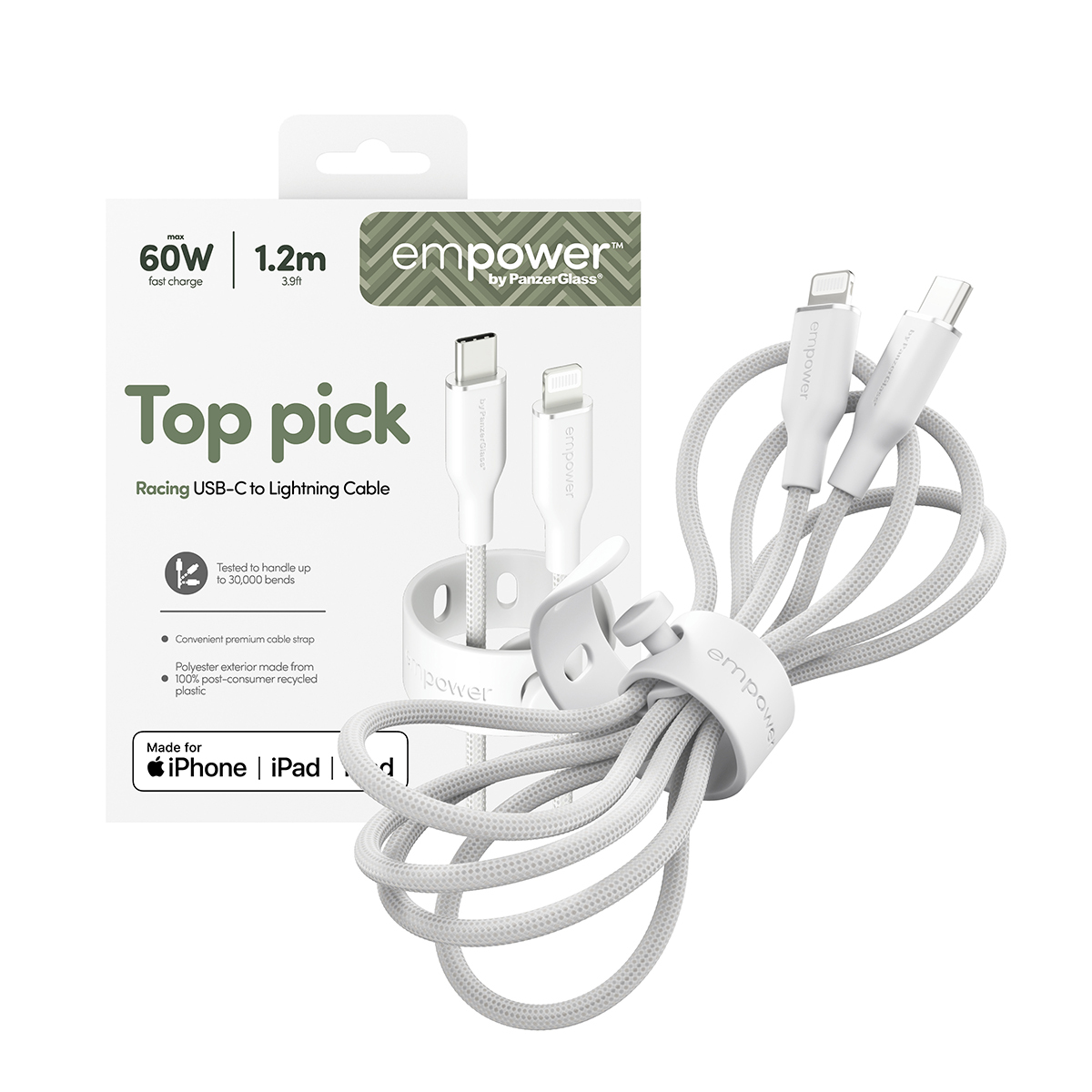 PanzerGlass empower™ by ® Racing 60W USB-C to Lightning Cable | USB 2.0 | 1.2M | Silver White USB-kabel Wit - Afbeelding 6