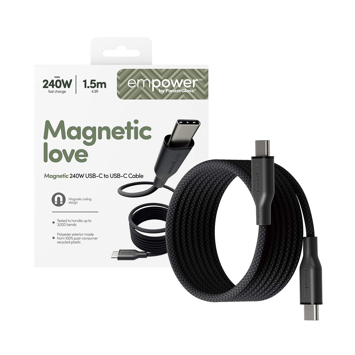 PanzerGlass empower™ by ® Magnetic 240W USB-C to USB-C Cable | USB 2.0 | 1.5M | Space Black USB-kabel 1,5 m Transparant - Afbeelding 6