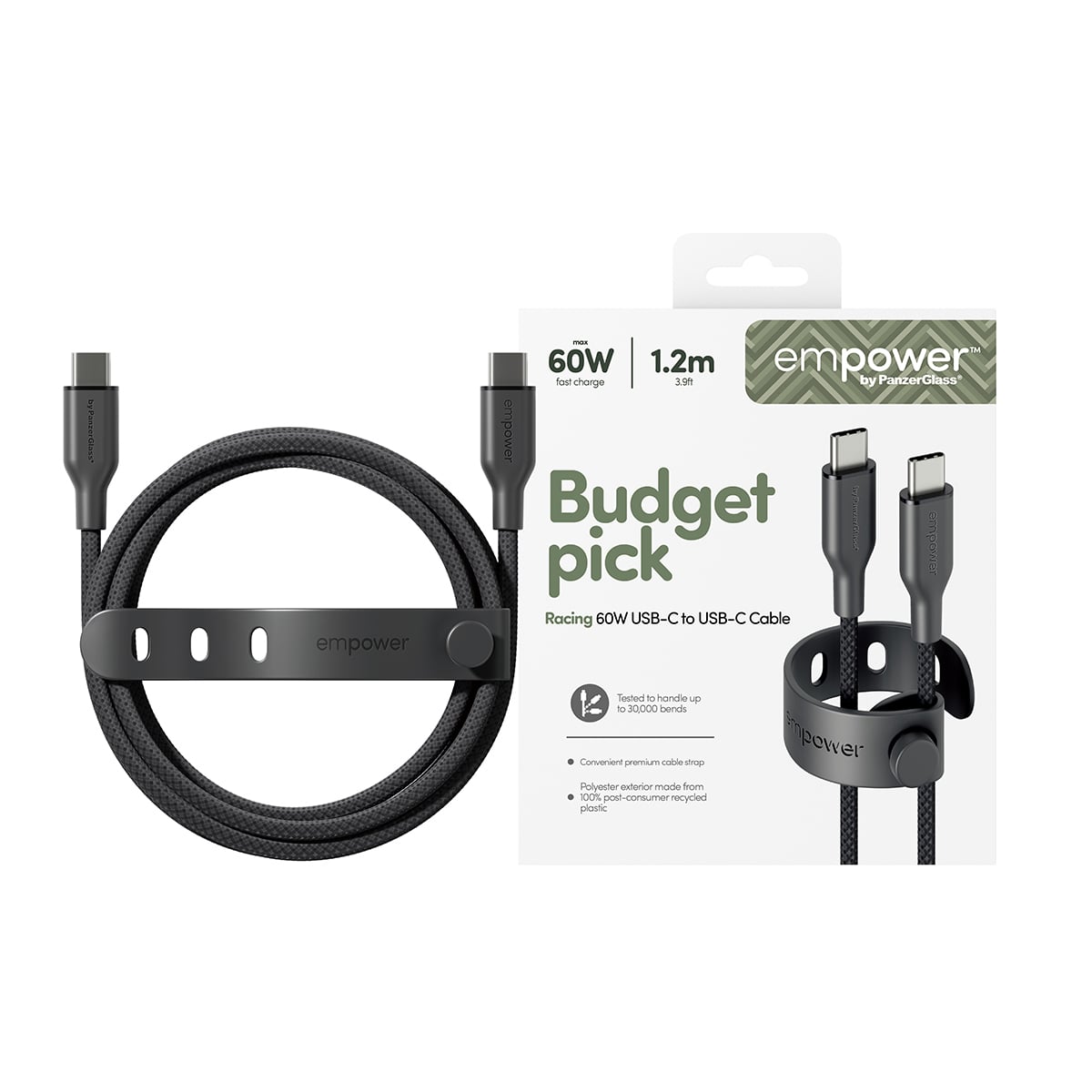 PanzerGlass empower™ by ® Racing 60W USB-C to USB-C Cable | USB 2.0 | 1.2M | Space Black USB-kabel Zwart - Afbeelding 3