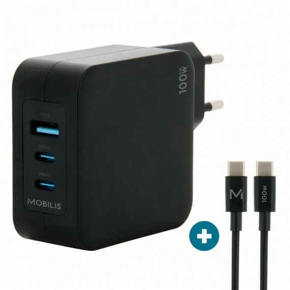 Mobilis Wall Charger 100W 2 USB-C+1 USB A GaN+cable 2m 100W