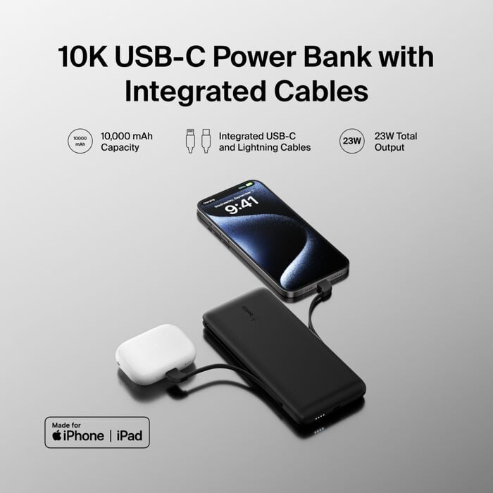 10K PowerBank+cables USB-C/Lightning