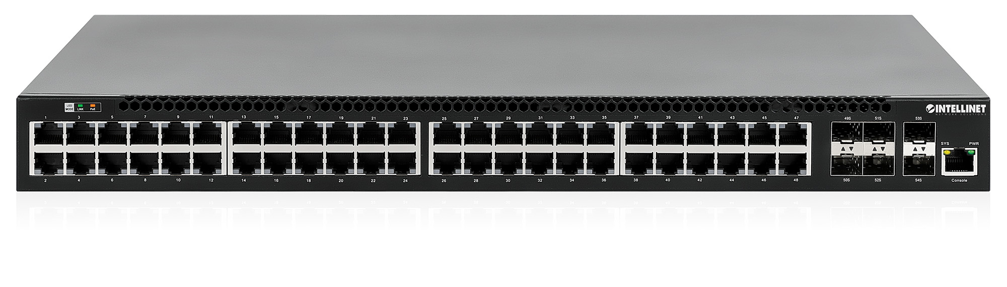 Intellinet 54-poorts L3 volledig beheerde Gigabit PoE+ netwerk switch, 48x RJ45 + 6x 10G SFP+ uplinks, PoE-budget 850 W, Layer 3 routing, VLAN/QoS, 19" rackmontage, professionele netwerkomgevingen, 3 jaar garantie - Afbeelding 6