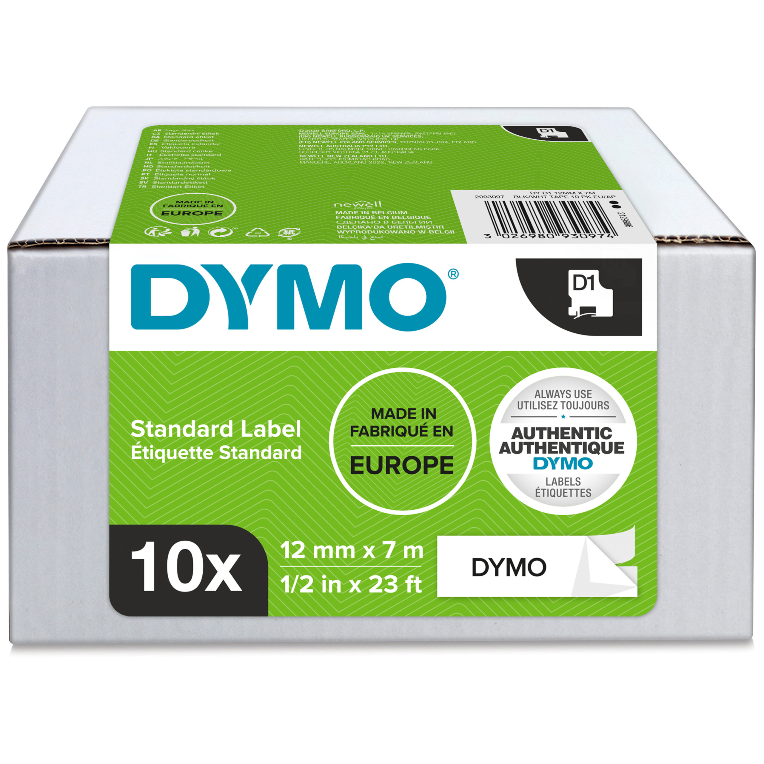 DYMO originele D1 labels | Zwarte Tekst op Wit Label | 12 mm x 7 m | zelfklevende etiketten voor de LabelManager labelprinters | 10 stuks | gemaakt in Europa