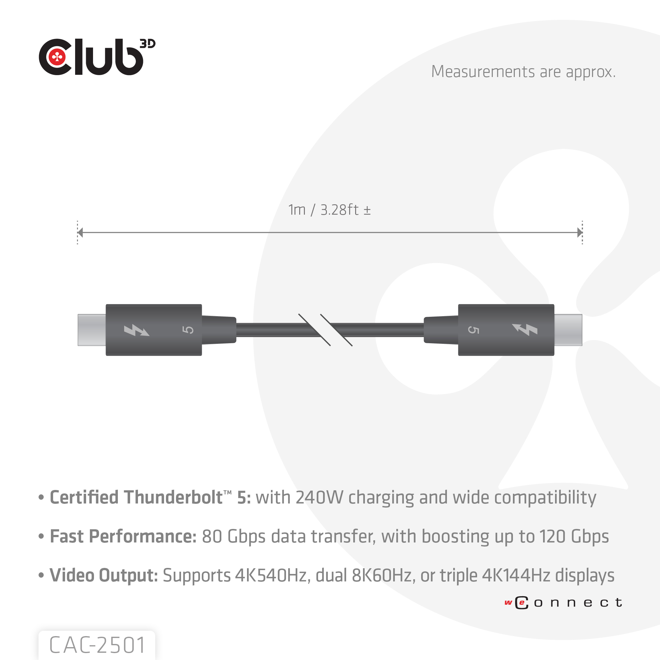 CLUB3D Thunderbolt™ 5 Gecertificeerd 8K240Hz 80/120 Gbps EPR 240 Watt Kabel M/M 1m - Afbeelding 5