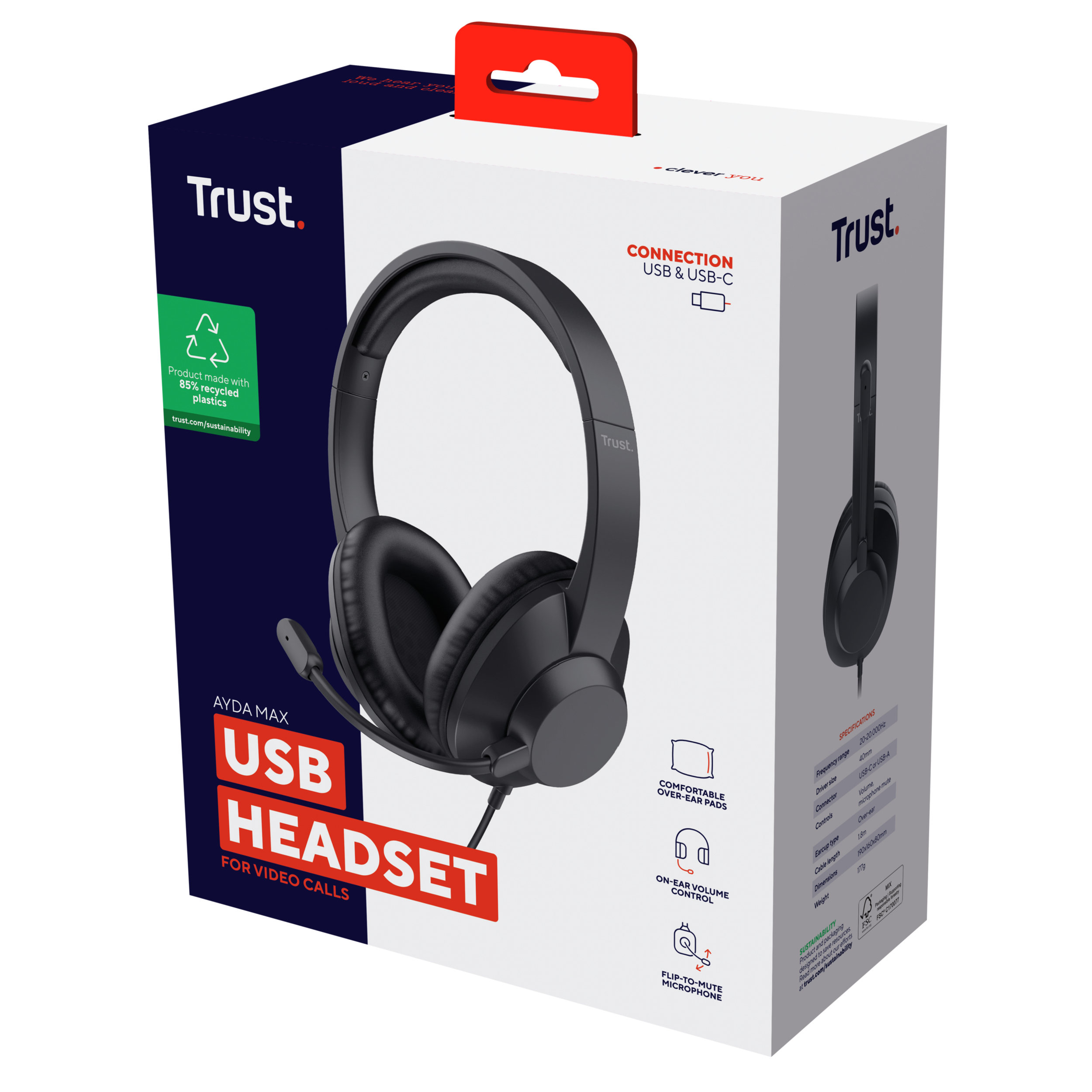 Trust Ayda Max USB Headset - USB headset voor kantoor en calls – Opklapbare microfoon – 40 mm drivers – Zwart - Afbeelding 8
