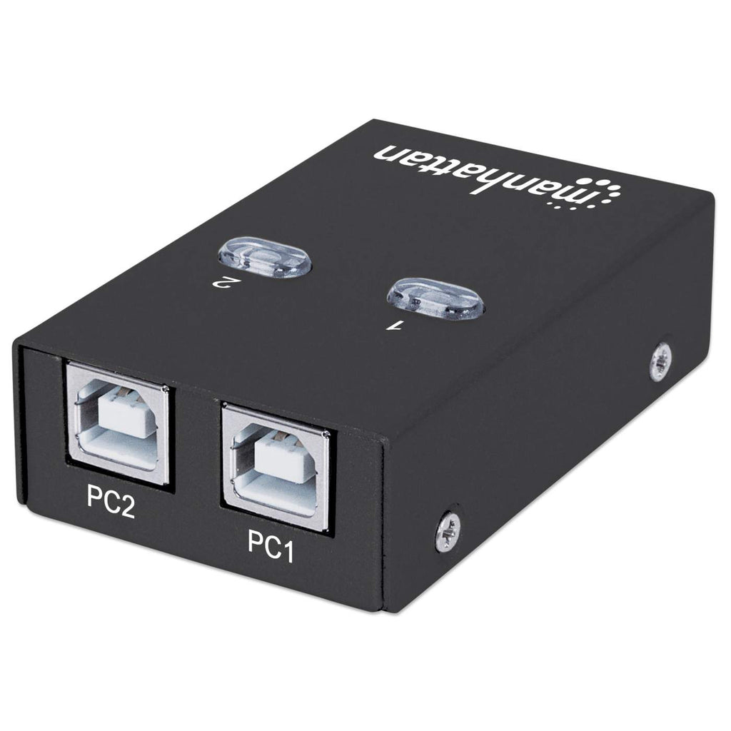 Manhattan USB-A automatische sharing switch, 2× USB-B, 480 Mbps (USB 2.0), dubbele bediening (auto-sensing of handmatig), USB-gevoed (geen externe voeding vereist), incl. 1× 1,5 m USB-A naar USB-B kabel