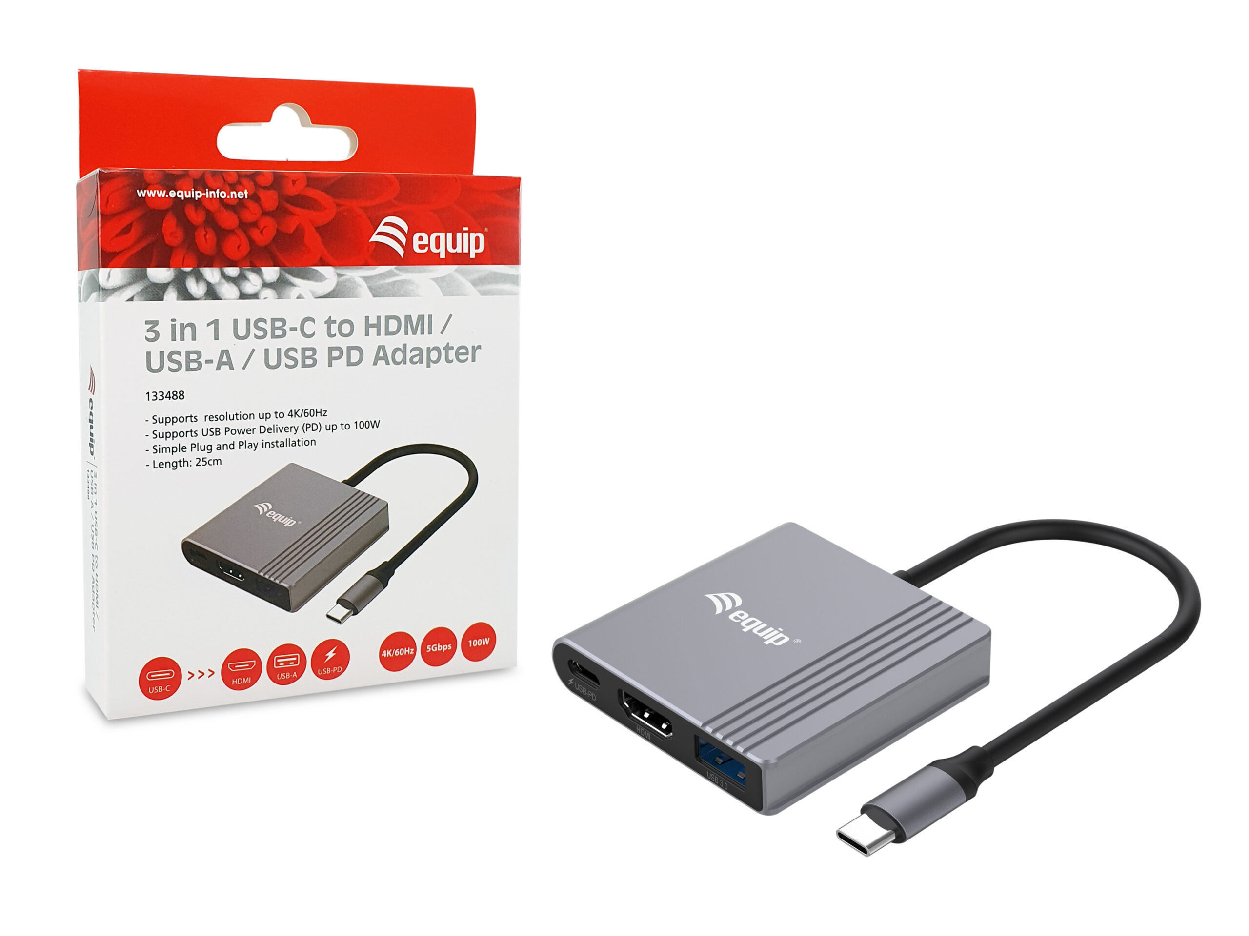 Equip 3-in-1 USB-C naar HDMI / USB-A / USB PD-adapter, 4K/60Hz, 100W USB PD - Afbeelding 8
