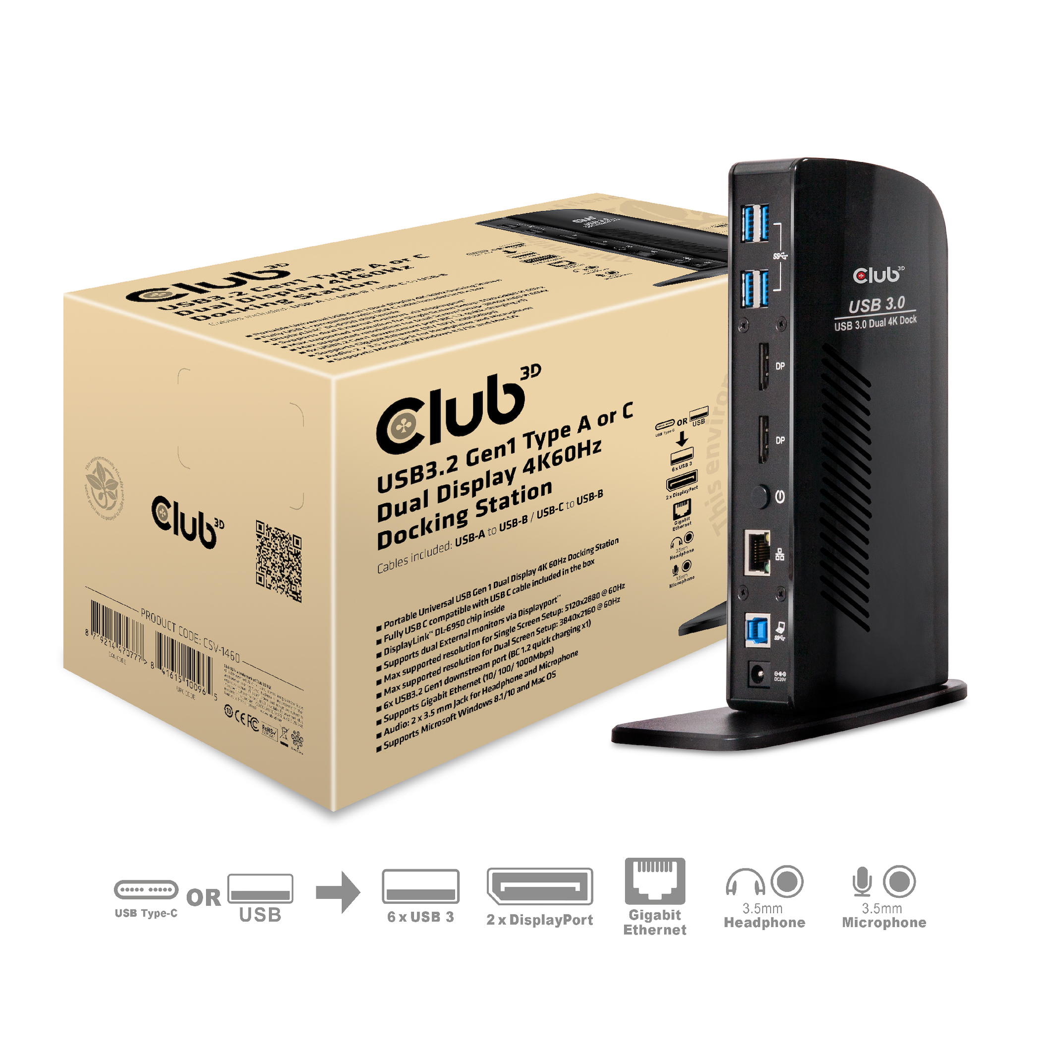 CLUB3D UNIVERSEEL Docking station USB3.2 Type A of C 2x Displayport 4K60Hz DisplayLink® gecertificeerd - Afbeelding 10