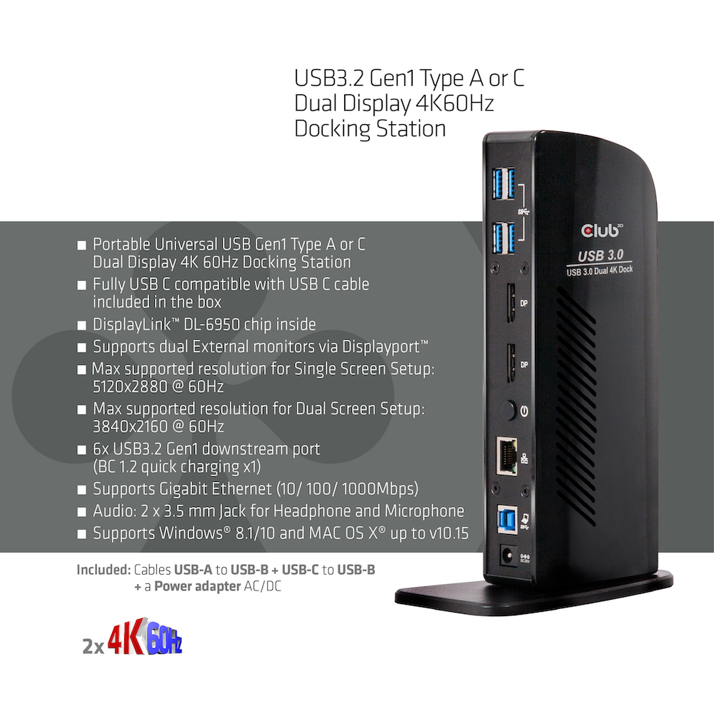 CLUB3D UNIVERSEEL Docking station USB3.2 Type A of C 2x Displayport 4K60Hz DisplayLink® gecertificeerd - Afbeelding 4