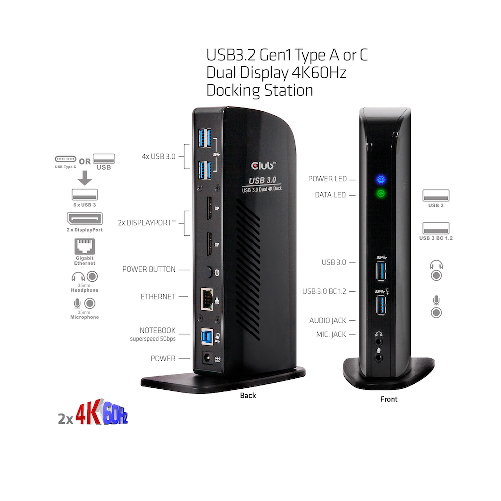 CLUB3D UNIVERSEEL Docking station USB3.2 Type A of C 2x Displayport 4K60Hz DisplayLink® gecertificeerd - Afbeelding 5