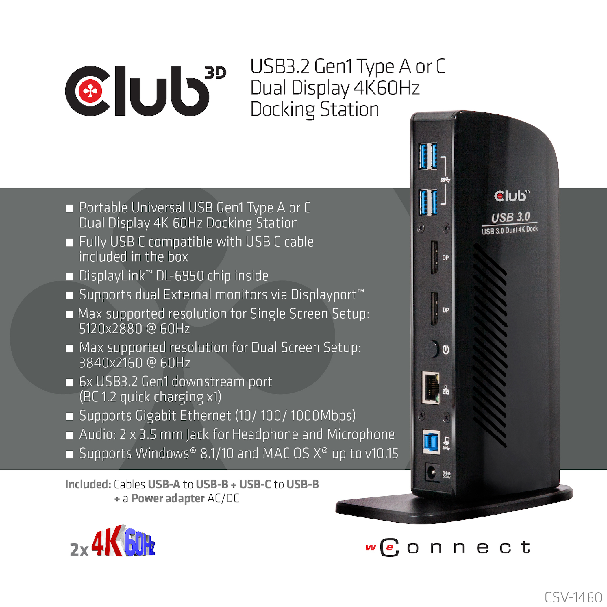 CLUB3D UNIVERSEEL Docking station USB3.2 Type A of C 2x Displayport 4K60Hz DisplayLink® gecertificeerd - Afbeelding 9
