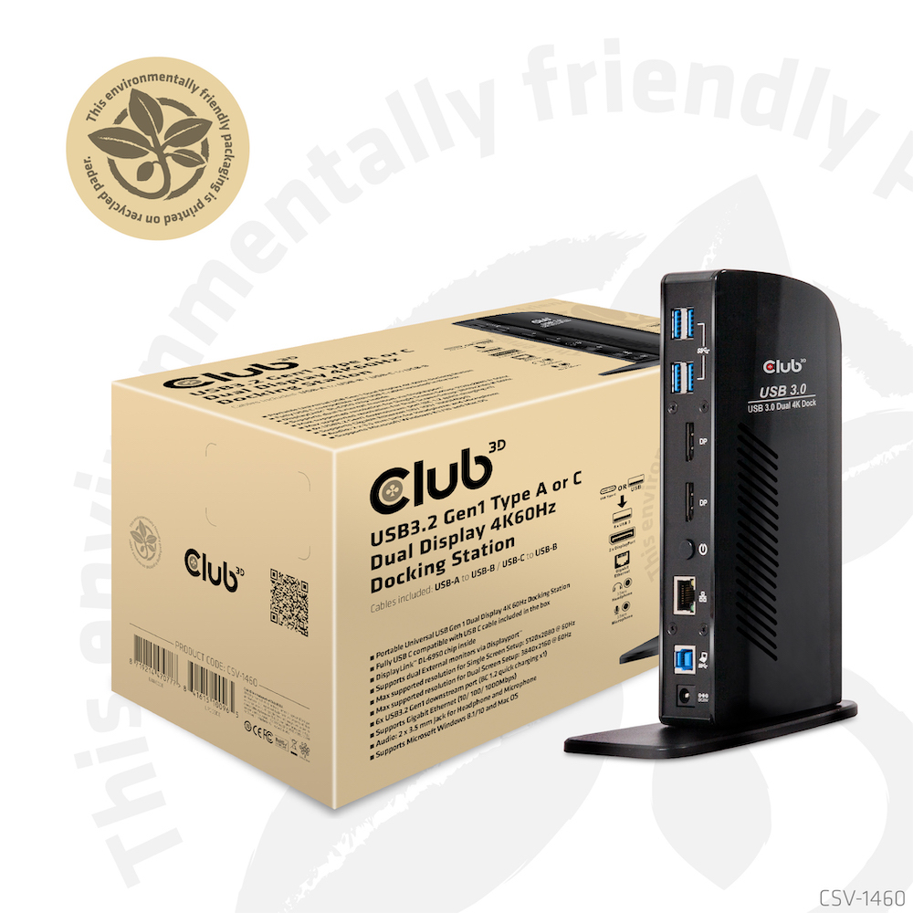 CLUB3D UNIVERSEEL Docking station USB3.2 Type A of C 2x Displayport 4K60Hz DisplayLink® gecertificeerd - Afbeelding 3